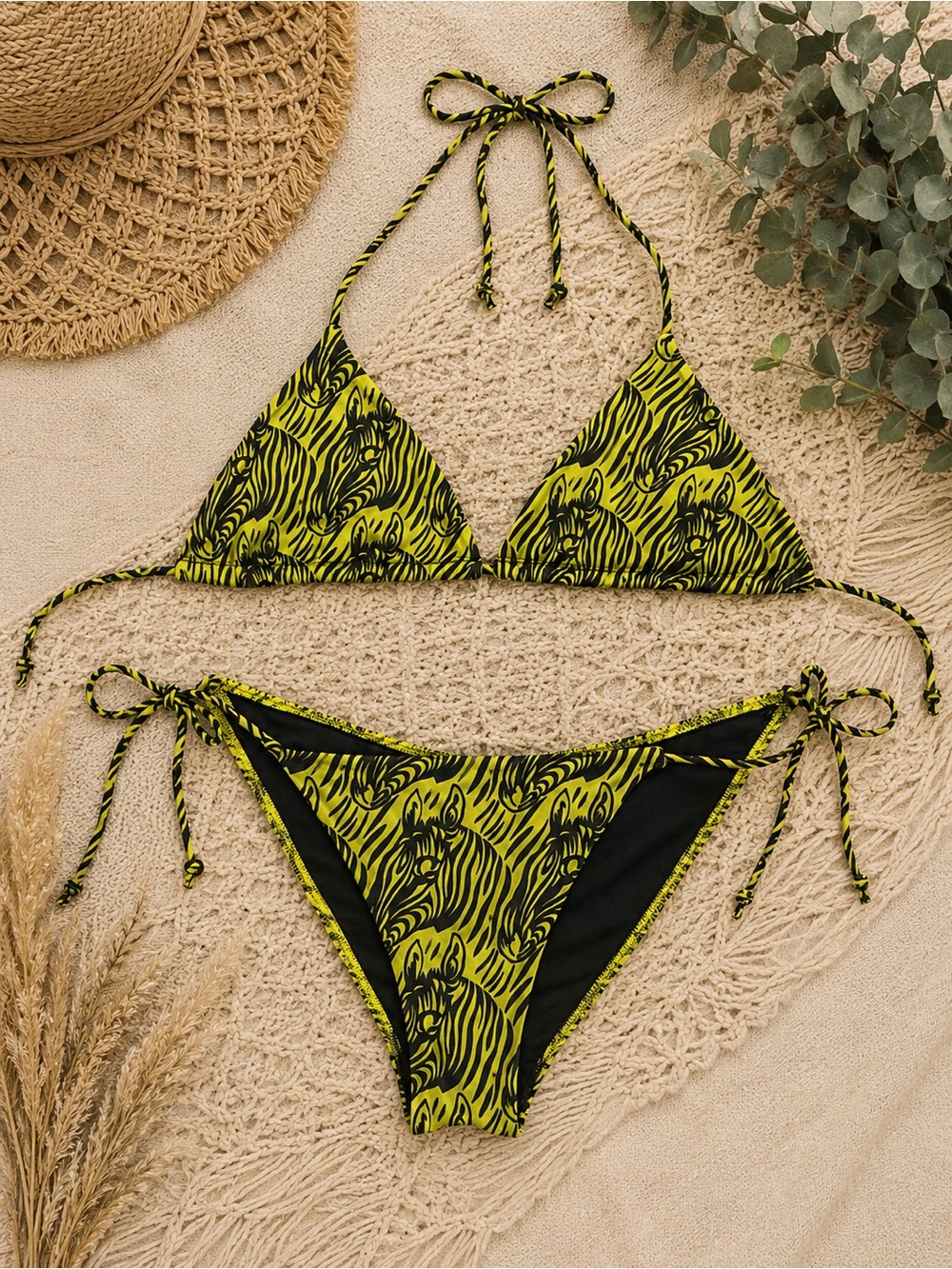 Victoria's Secret Neon Yellow and Black Zebra-Print Tie Bikini